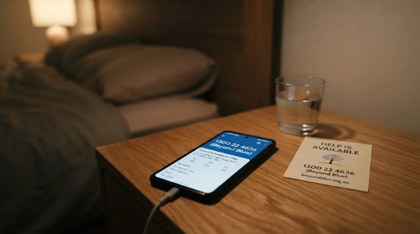A phone screen showing the Gambling Help Online homepage or a dialler with 1800 858 858 entered, with the BetStop logo visible on a second device or printed card beside it