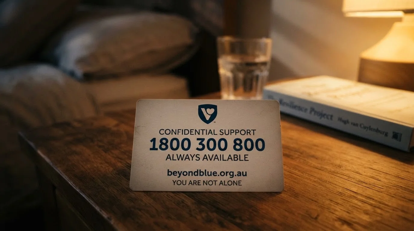 A close-up of a wallet card or phone screen displaying the National Gambling Helpline number 1800 858 858 beside the BetStop logo and Gambling Help Online URL