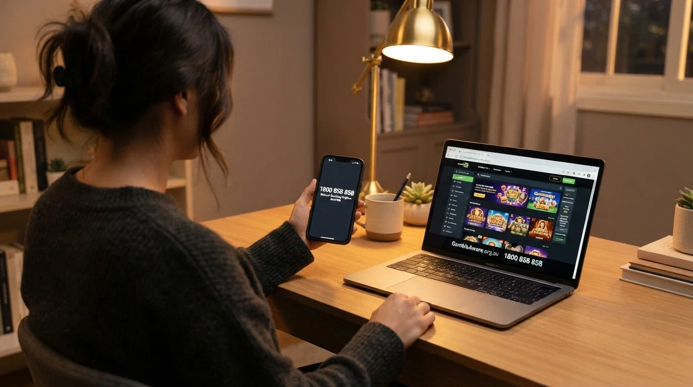A person sitting at a desk with a phone in hand and a laptop open to a casino site — the number 1800 858 858 displayed clearly on the phone screen, the room lit warmly and calmly