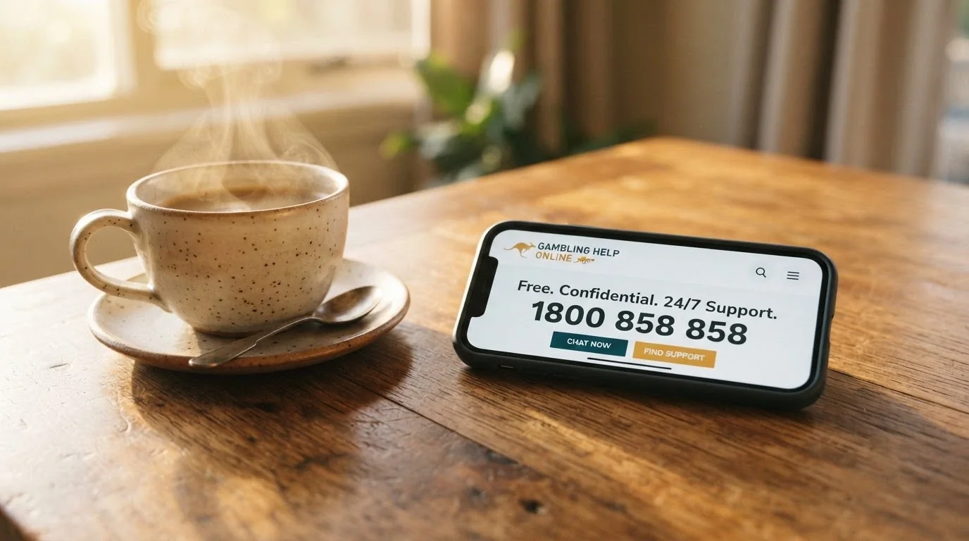 A phone screen showing the Gambling Help Online homepage with the 1800 858 858 number prominent, resting on a wooden table beside a cup of coffee in morning light