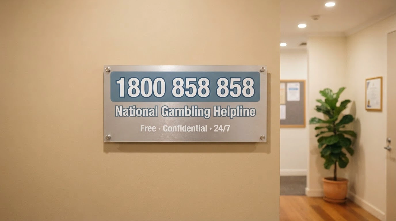 A sign or screen displaying the National Gambling Helpline number 1800 858 858 beside the BetStop logo, warm professional setting