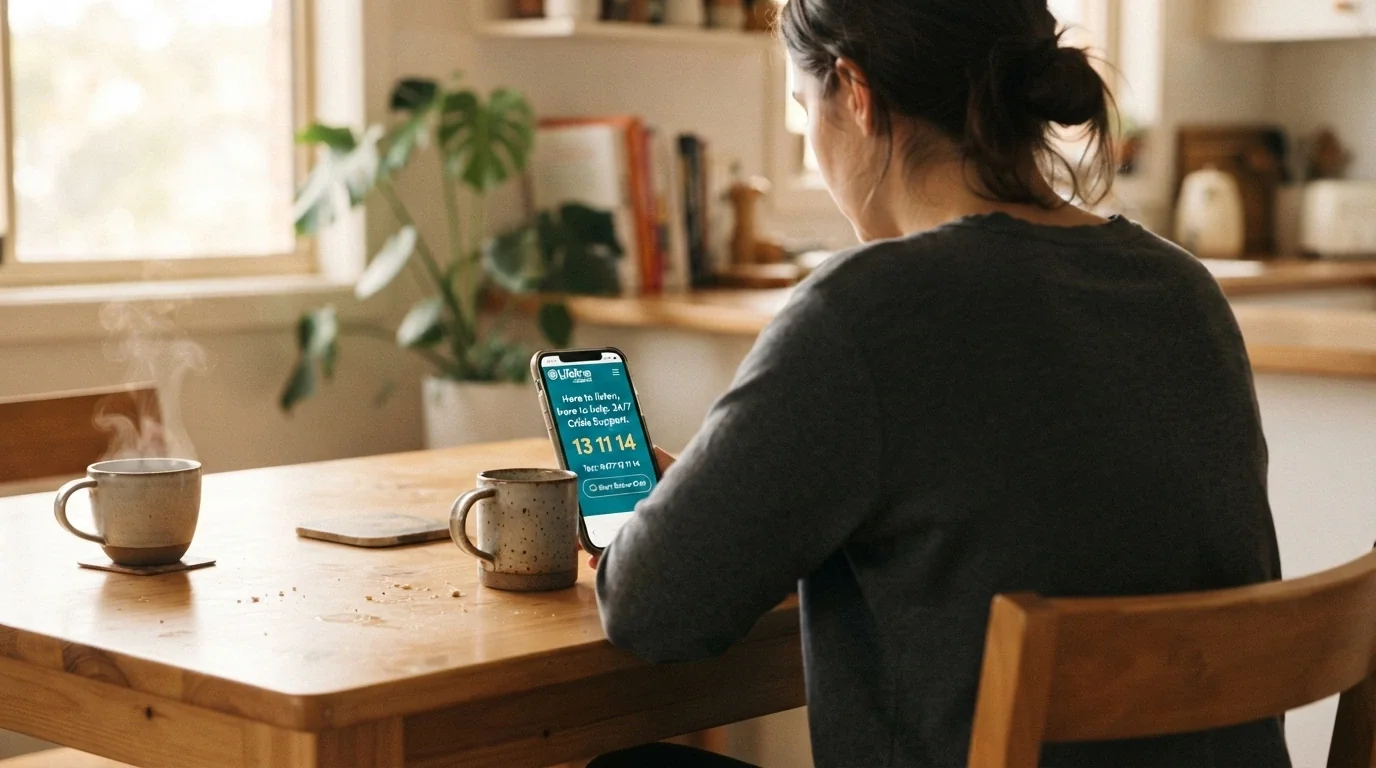 A person using a self-help tool on a smartphone with the Gambling Help Online website and 1800 858 858 helpline number visible on screen