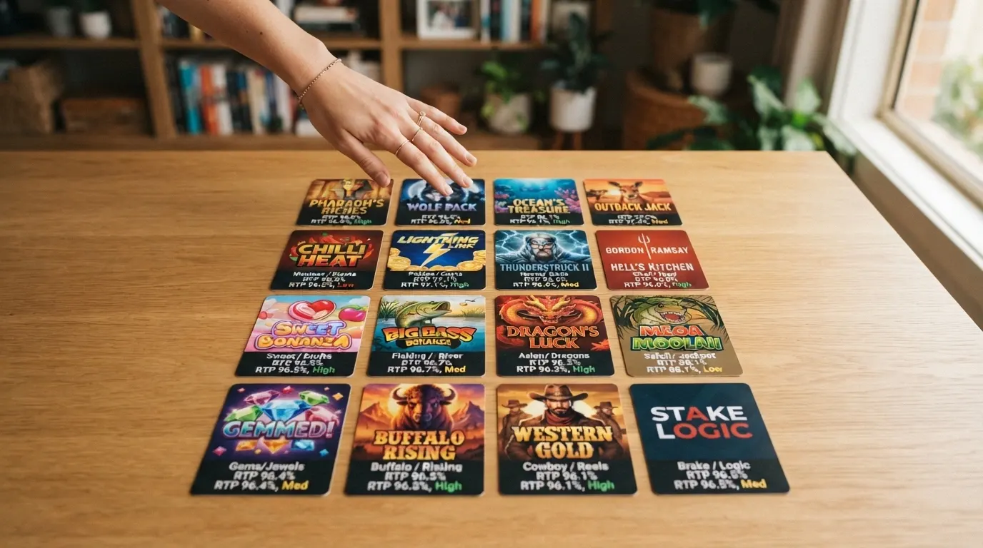 A player's hand hovering over a grid of pokie title cards, each labelled with its RTP percentage and volatility rating
