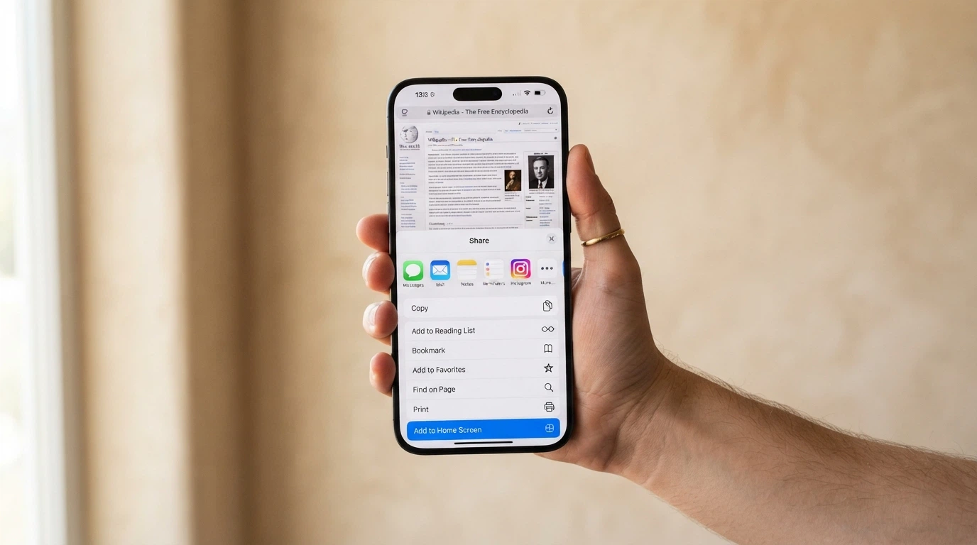 Safari browser on iPhone with the Share menu open and the Add to Home Screen option highlighted