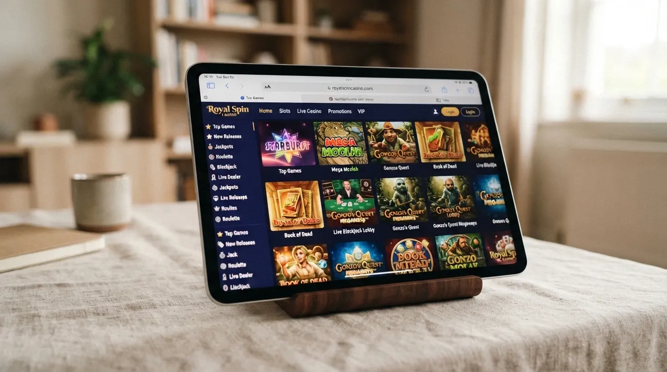 An iPad in landscape mode running a casino site full-screen in Safari, with the browser toolbar visible to make clear this is not a native app
