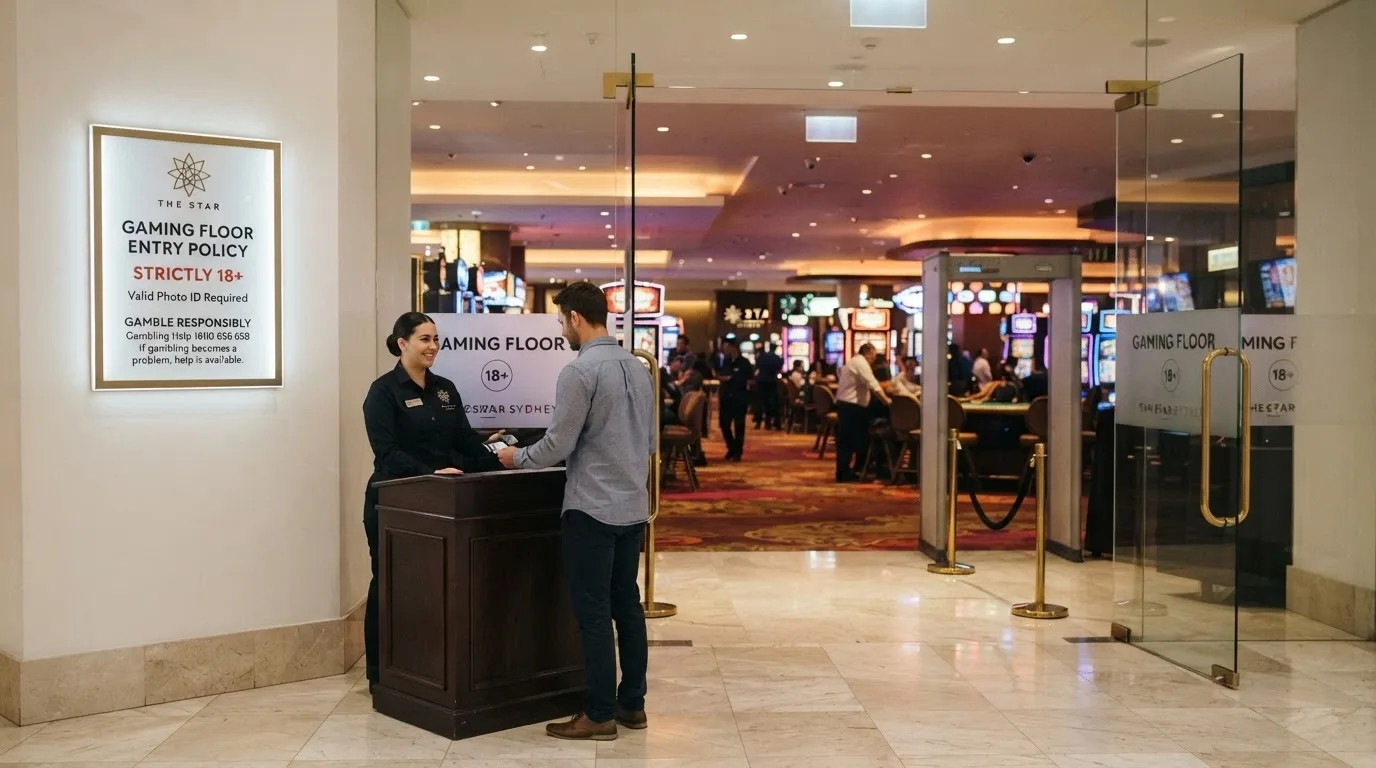 Entry to the SkyCity Adelaide gaming floor with age-restriction and responsible-gambling signage visible