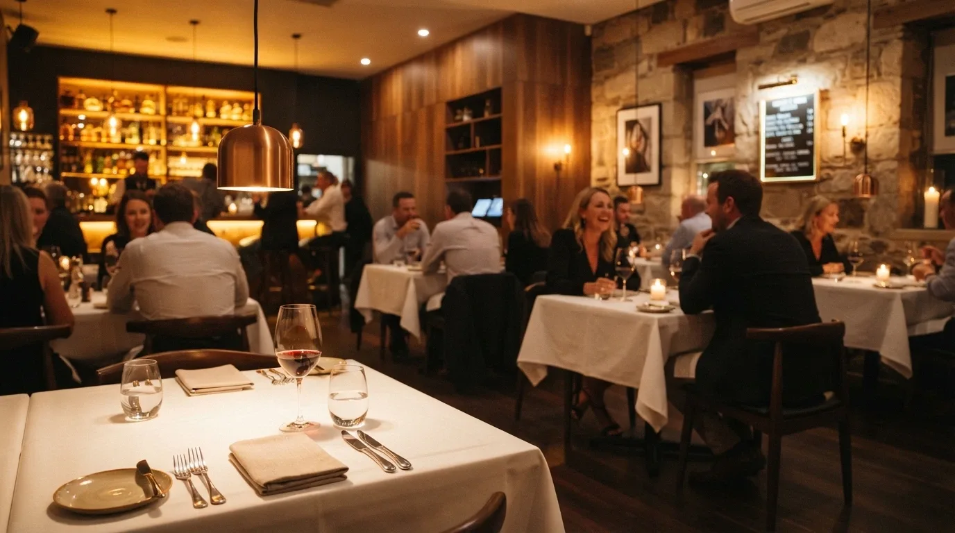 Interior of a restaurant or bar inside SkyCity Adelaide with dining tables, ambient lighting and patrons
