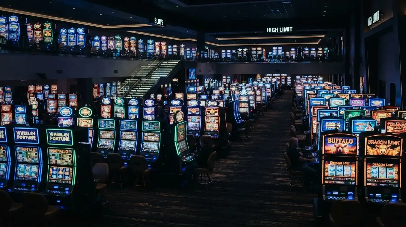 Rows of gaming machines on the SkyCity Adelaide gaming floor with illuminated screens