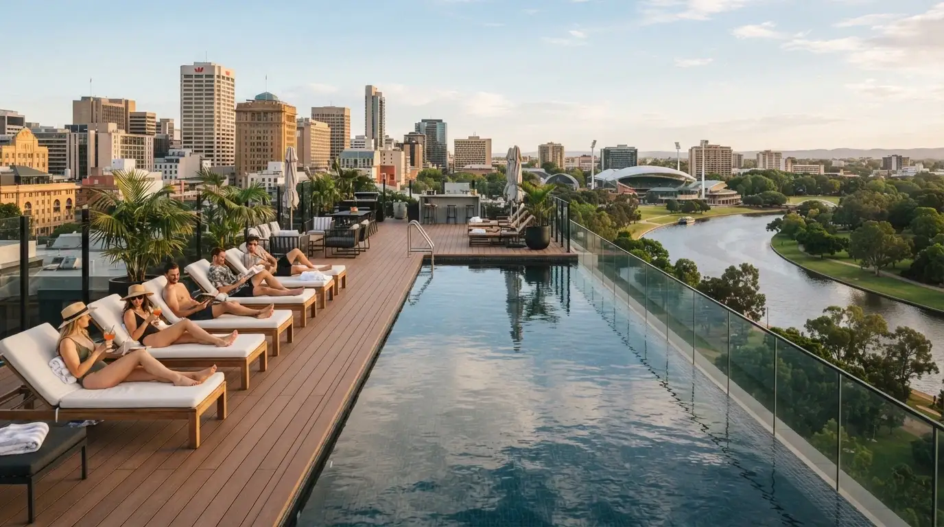 The Leisure Deck outdoor area at SkyCity Adelaide with pool, lounges and city skyline backdrop