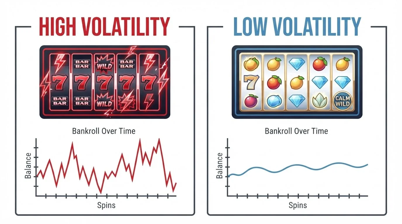 A visual comparison of two slot game panels, one labelled high volatility and the other low volatility, with a bankroll curve plotted beneath each showing the different paths through a wagering run