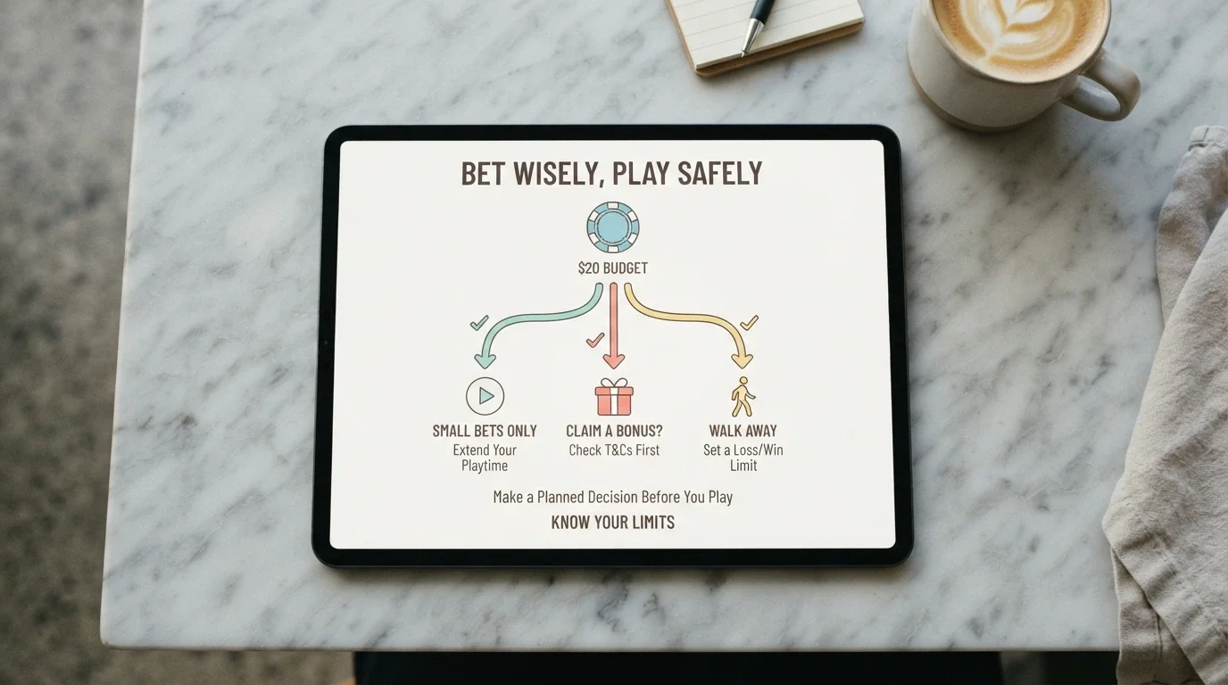 A simple decision-flow visual on a screen: a A$10 note beside three labelled paths — 'play for fun', 'claim a bonus', and 'walk away' — with checkmark icons