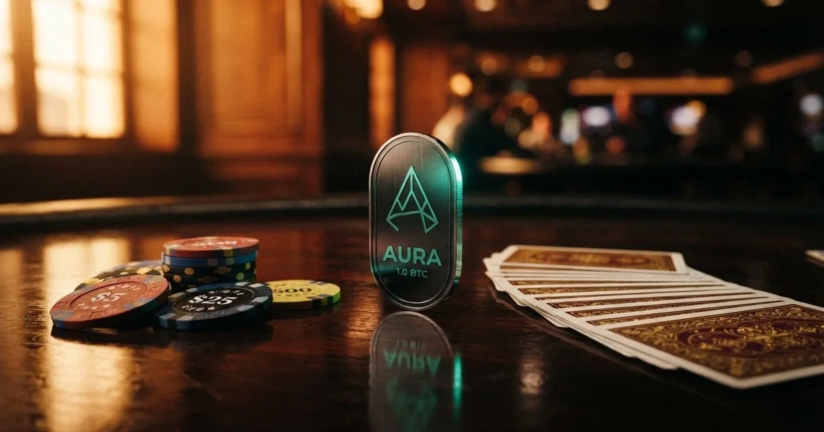 A digital illustration of a Solana cryptocurrency coin alongside casino chips and playing cards on a dark background
