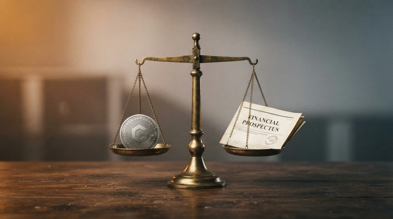 A pair of scales balancing a Solana coin on one side against a warning sign and an Australian legal document on the other