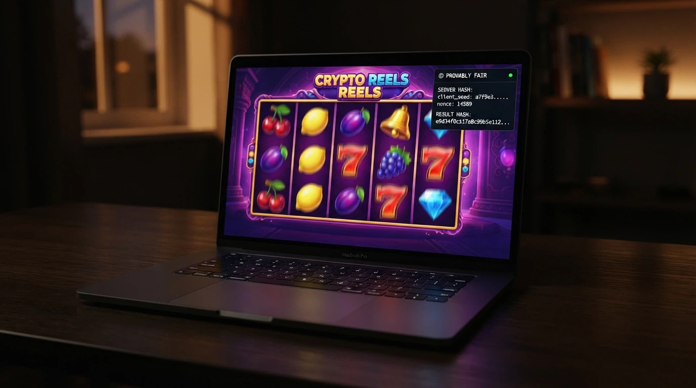 A colourful grid of online pokie reels and a dice-roll interface overlaid with a SHA256 hash verification window