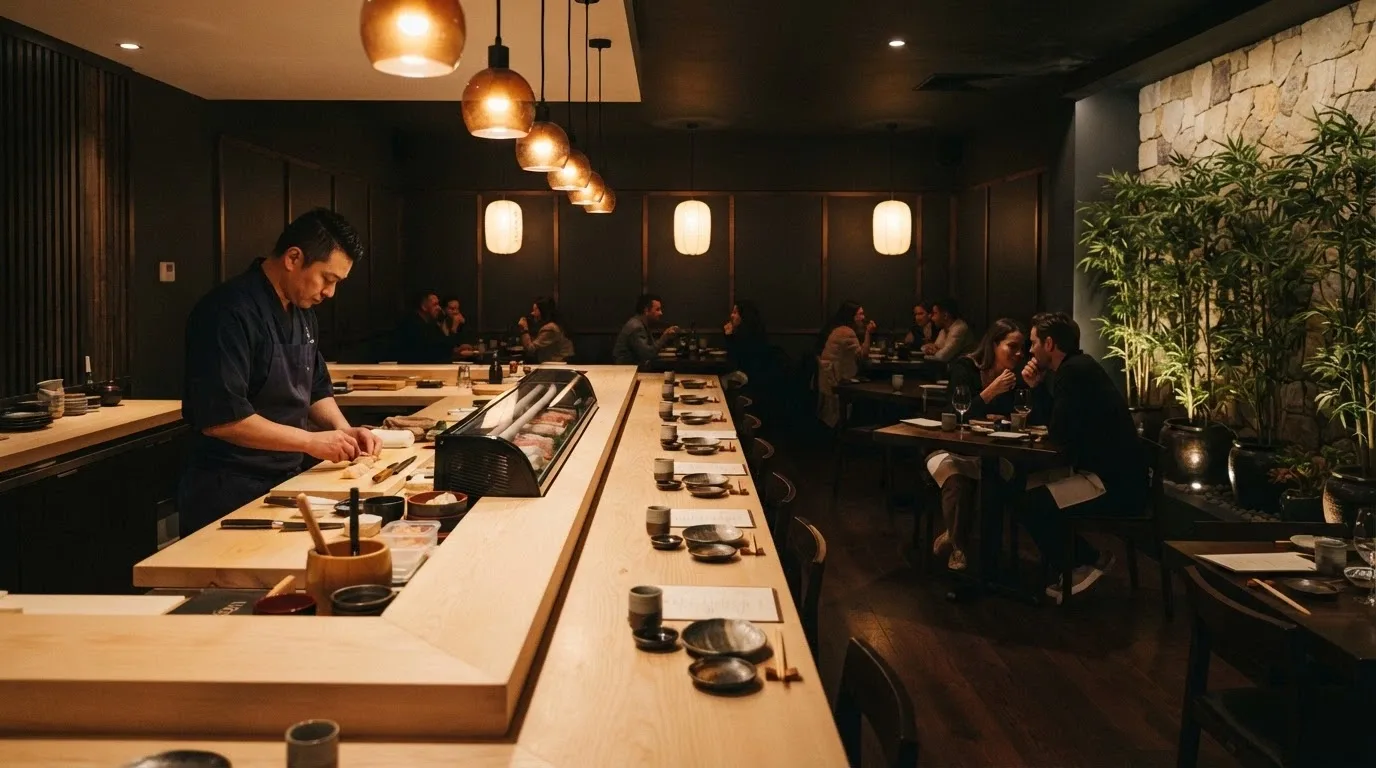 The interior of Sokyo restaurant at The Star Brisbane, with sushi counter and mood-lit dining room