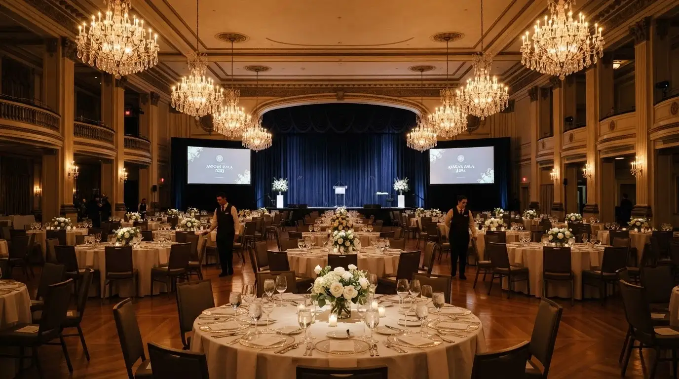 The 1,440-seat ballroom at The Star Brisbane Event Centre, set for a gala dinner