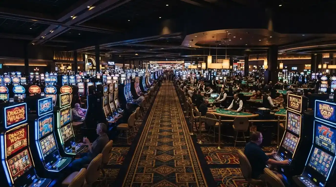 Rows of pokie machines and gaming tables stretching across the casino floor at The Star Brisbane