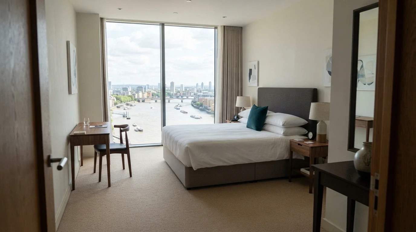 A king room with river view at The Star Grand Hotel Brisbane, showing the bed, furnishings and window vista