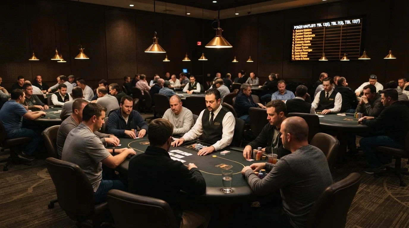 Poker tables inside The Star Poker Brisbane room, with players seated and a dealer at each table