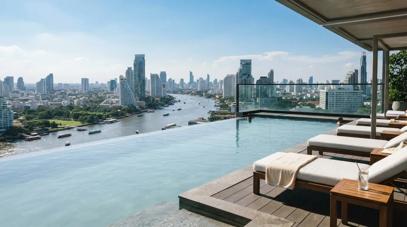 An infinity pool on the Level 7 Leisure Deck at The Star Brisbane, looking out over the Brisbane River