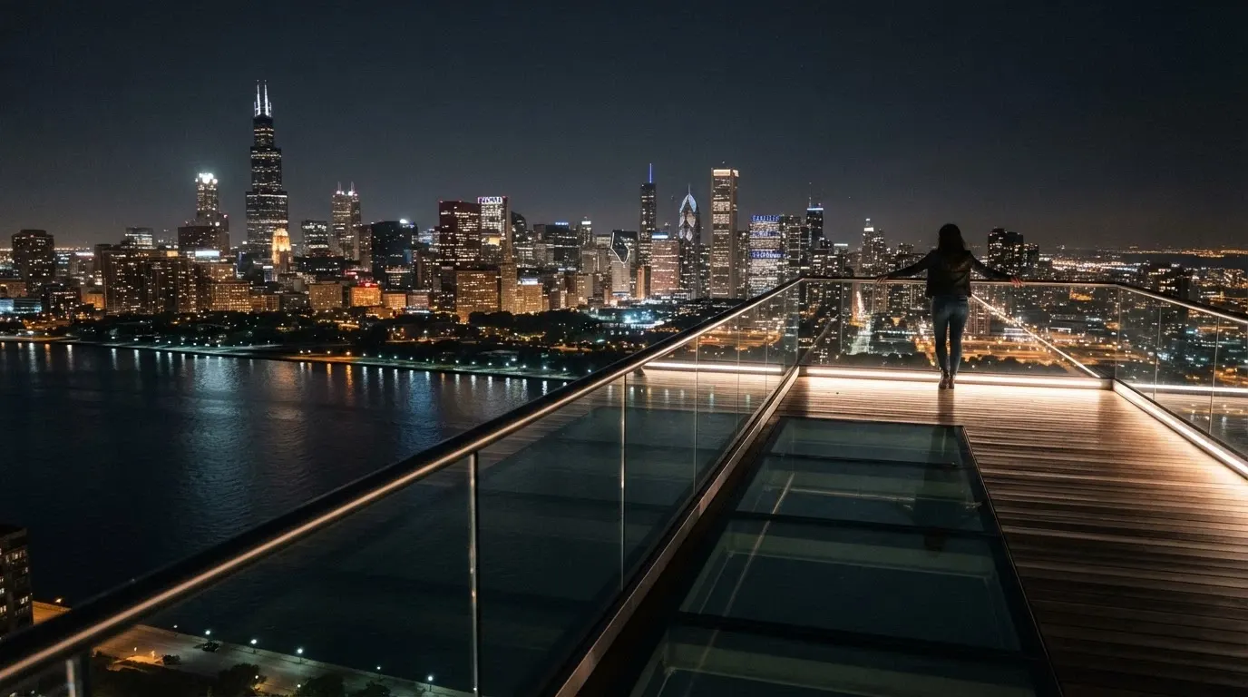 The Sky Deck at Queen's Wharf, a viewing platform suspended 100 metres above the Brisbane River at night