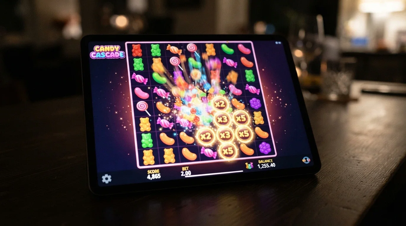 Sugar Rush slot game screen showing the candy-themed 7×7 grid with highlighted multiplier spots and a cascading win in progress