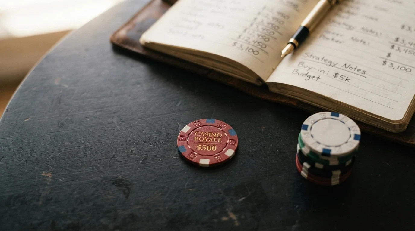 An Australian $10 polymer banknote centred on a dark surface, with a small stack of coins beside it and a notebook and pen in the background suggesting intentional budgeting