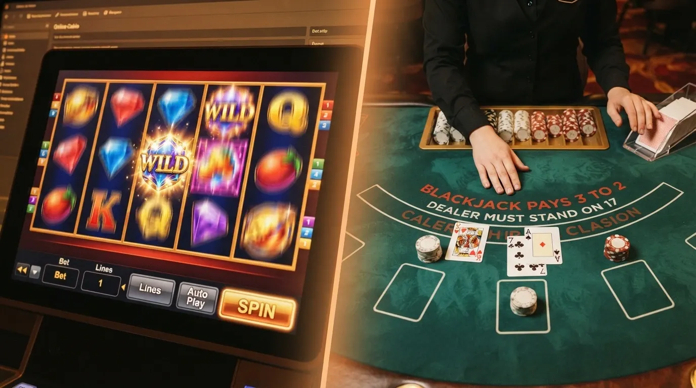 A split-screen view: colourful online pokies reels on one side and a live-dealer blackjack table with a human croupier on the other