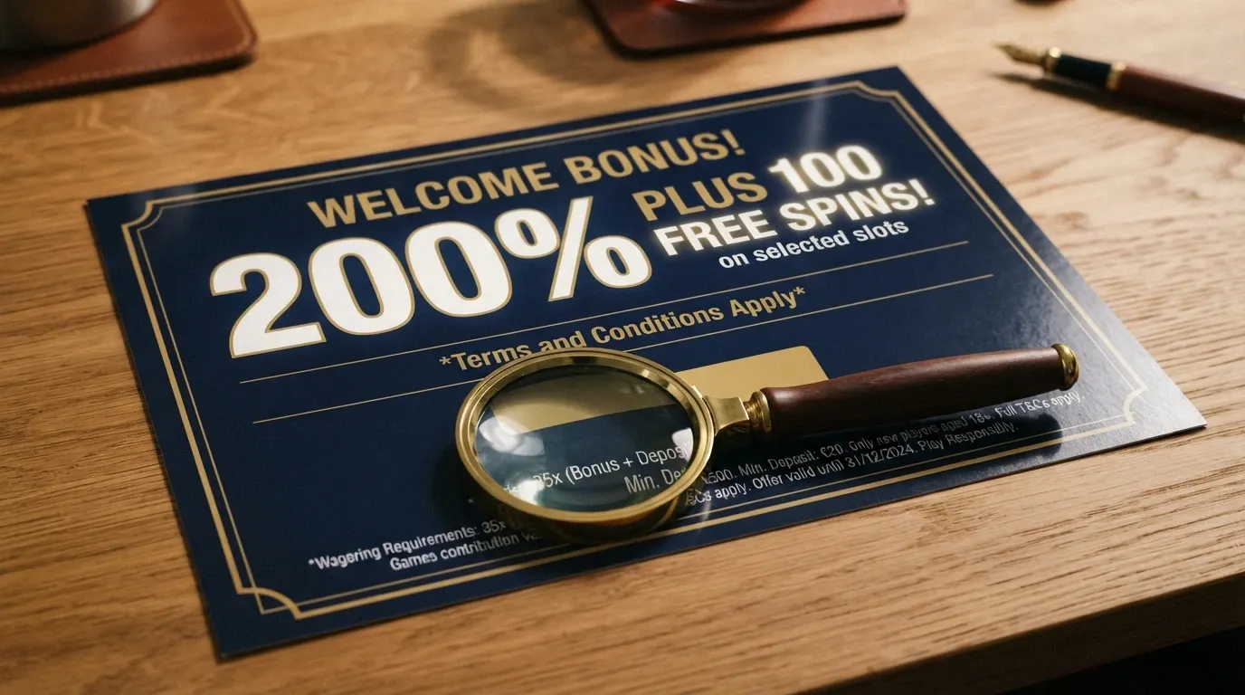 A welcome-offer promotional banner with a percentage match and free-spin count, with a magnifying glass over the terms-and-conditions fine print beneath