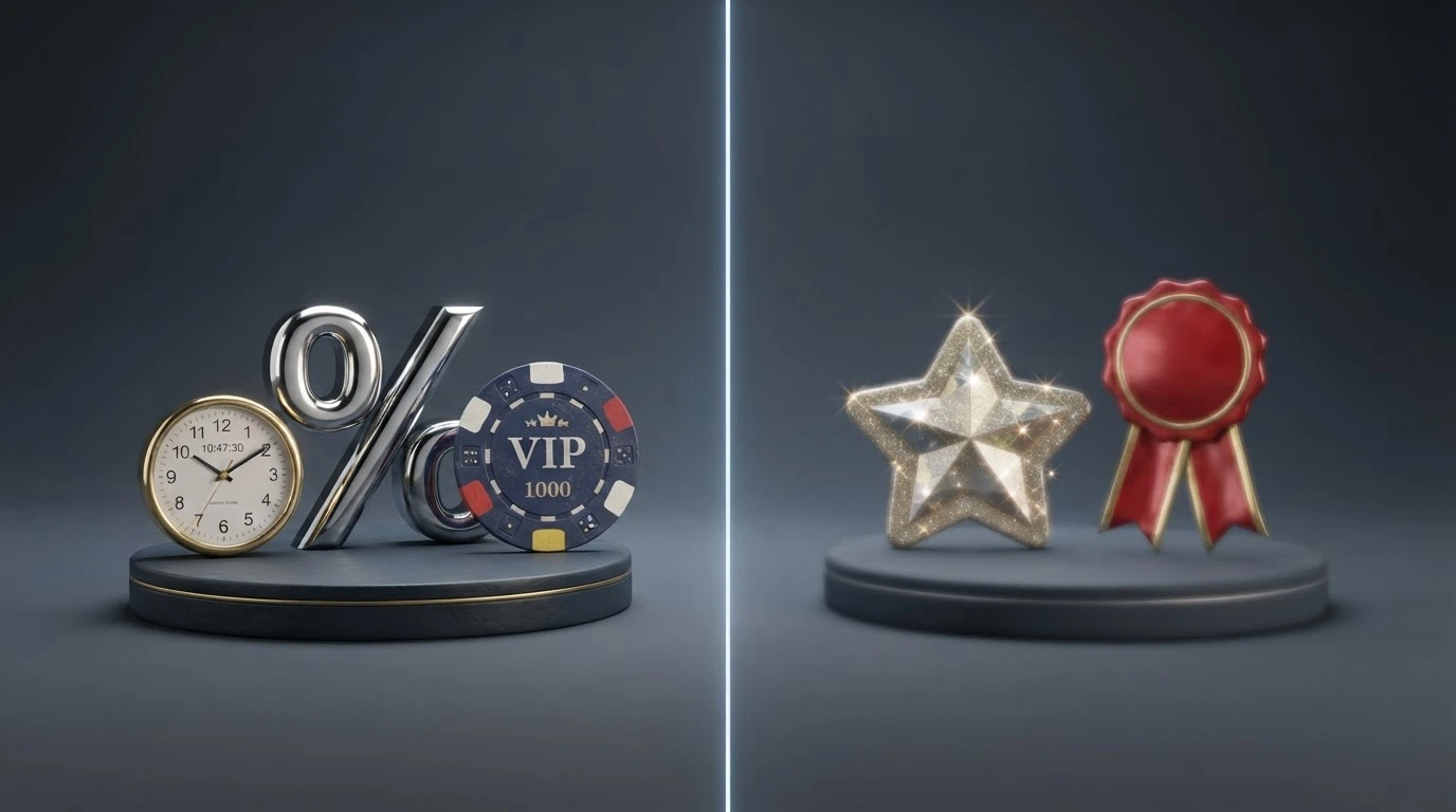 A side-by-side visual contrasting tangible VIP benefits (a clock for faster withdrawals, a percentage symbol for cashback) against vague marketing claims (a sparkling “VIP treatment” badge)