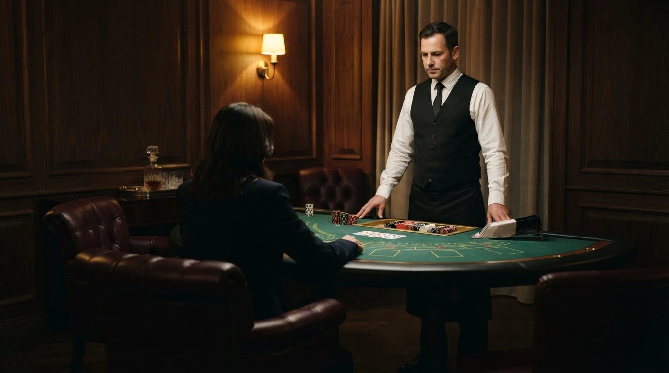 A private casino salon with a single green-felt table, leather chairs and a dedicated dealer attending to one player