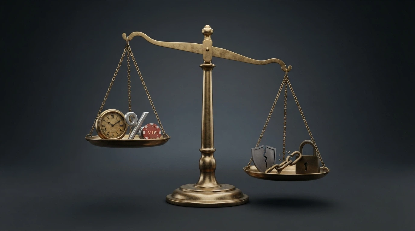 A set of balanced scales with VIP perks (cashback, host, faster withdrawals) on one side and forfeited protections (BetStop, consumer rights, site-blocking risk) on the other, with the scales tilting toward the protections side