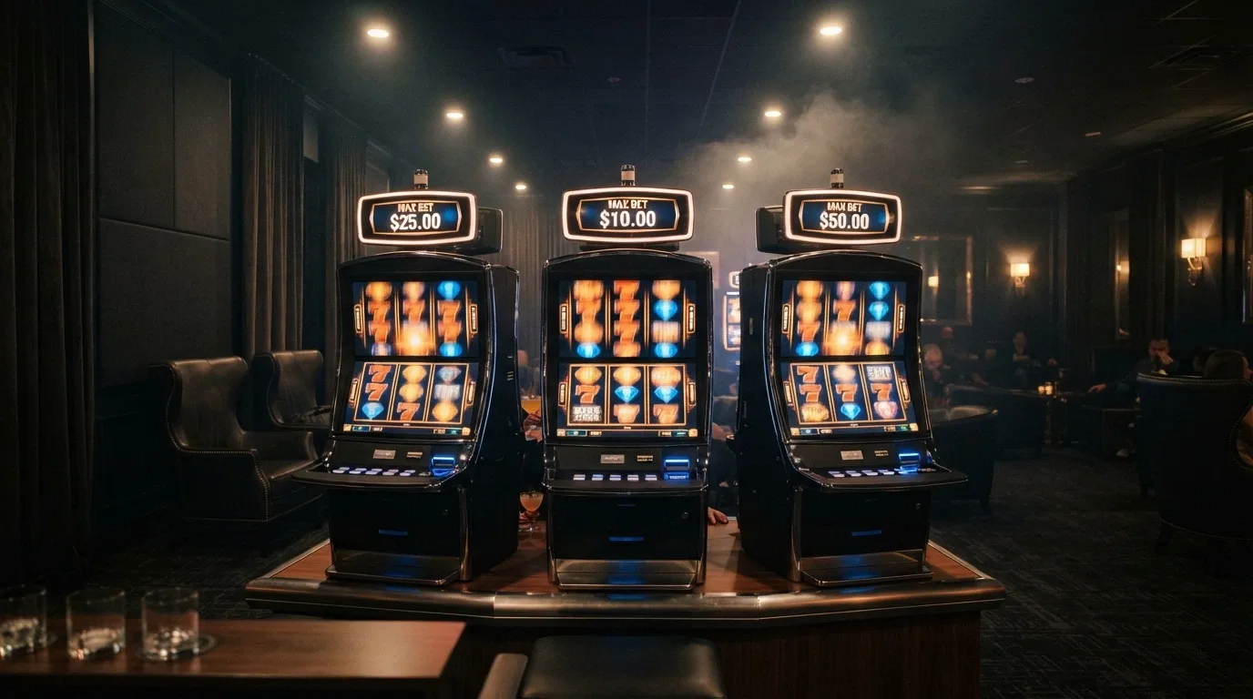 A bank of illuminated online pokies reels with elevated bet-size indicators, set inside a premium dark-toned VIP gaming lounge