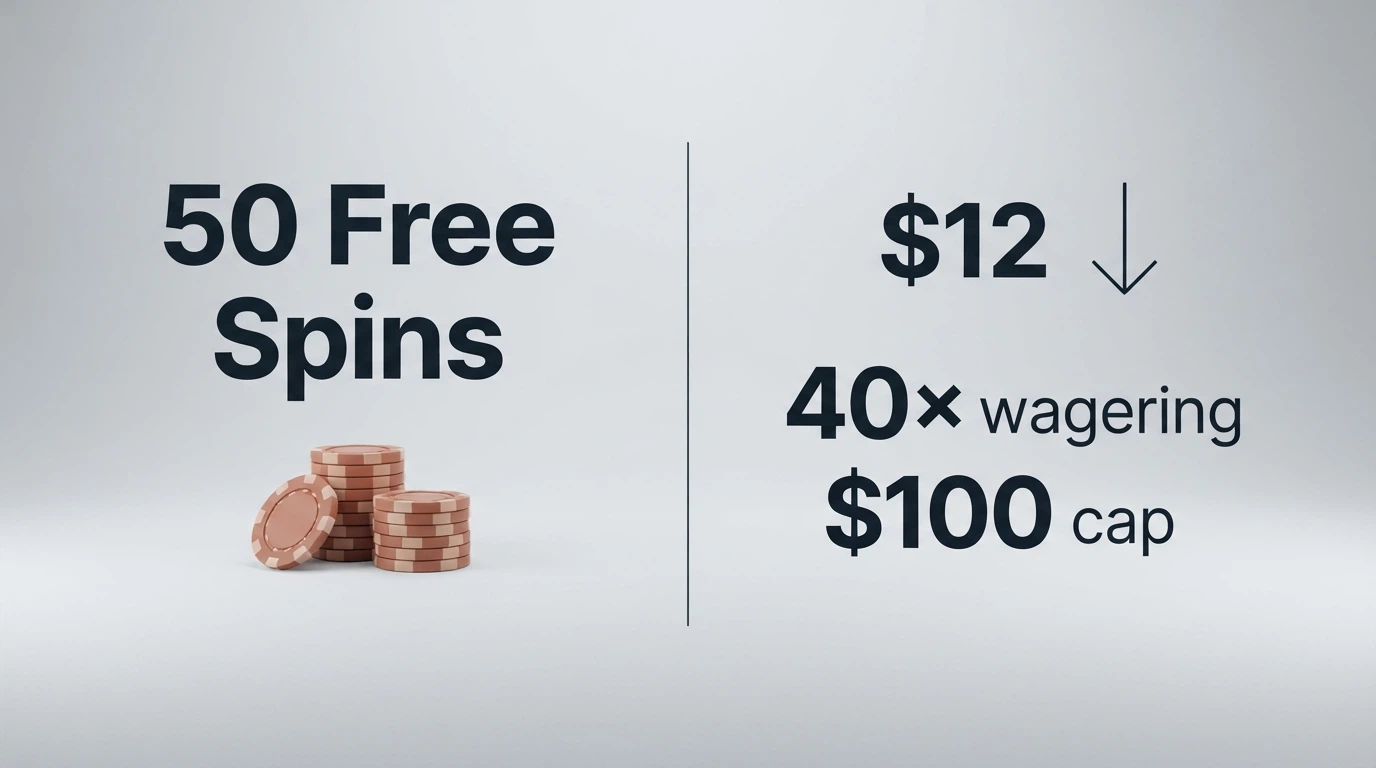 A split-screen graphic: one side shows a bold “50 Free Spins” banner, the other shows a calculator with a much smaller dollar figure after wagering and caps