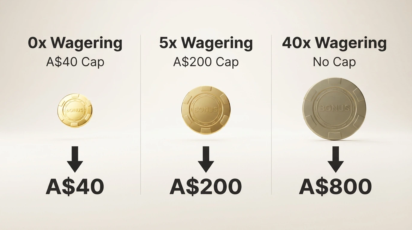 A visual comparing three bonus scenarios — 0x, 5x and 40x wagering — with the expected cashout below each