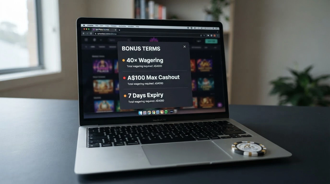 A close-up of a casino bonus terms pop-up with wagering requirement, max cashout and expiry date fields highlighted