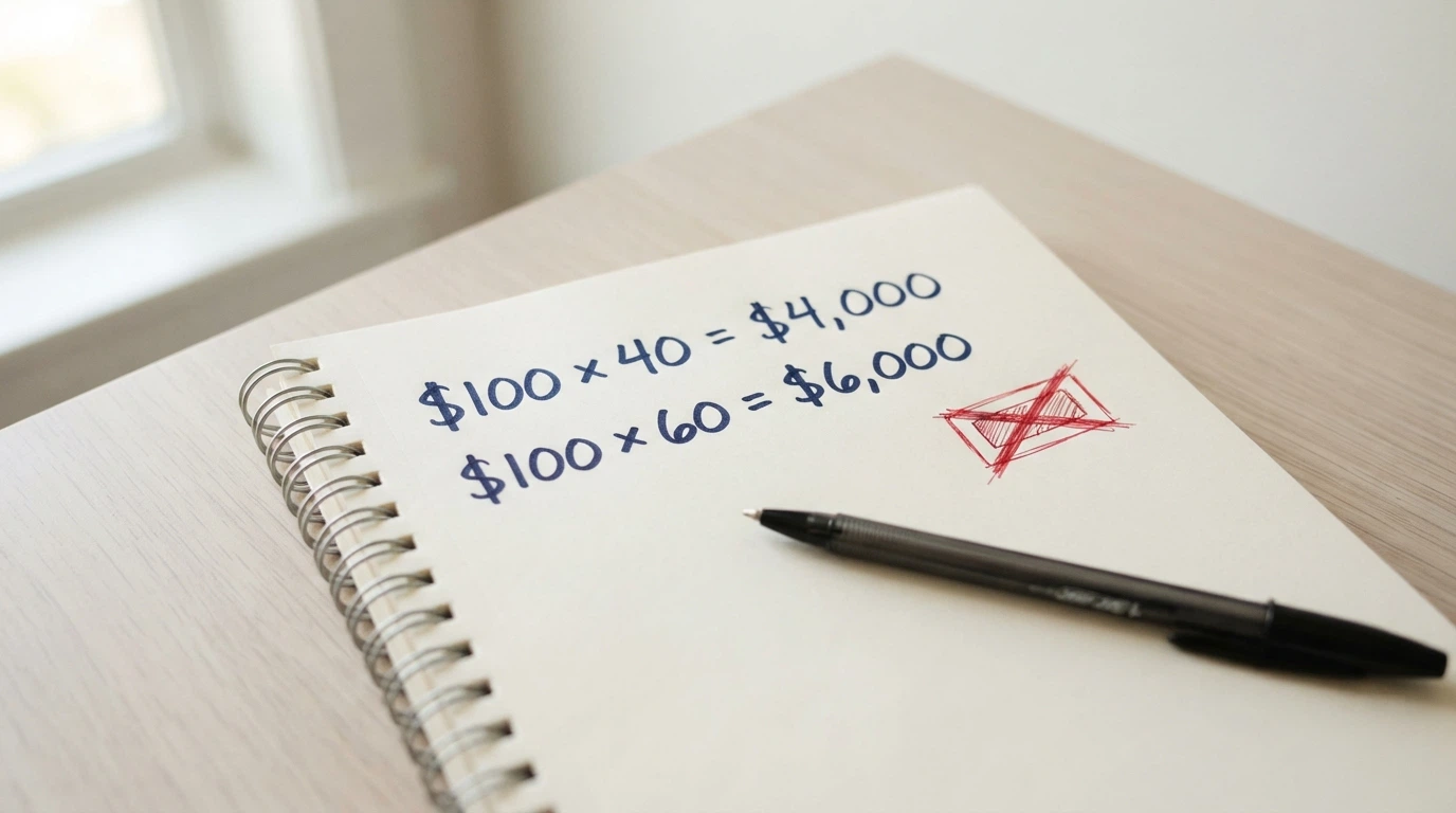 A calculator or notepad showing the arithmetic: “$100 × 40 = $4,000” beside a crossed-out withdrawal button