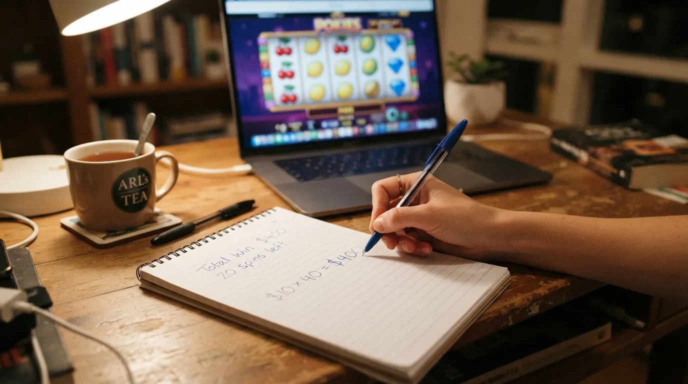 A close-up of a calculator next to a notepad with “$10 × 40 = $400” handwritten, a pokies reel blurred in the background