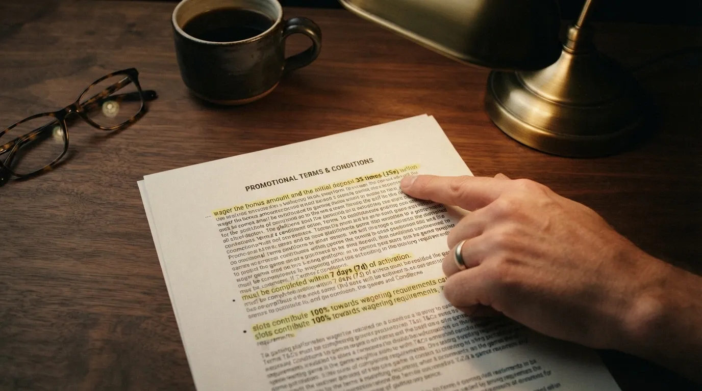 A close-up of bonus terms and conditions showing wagering requirement, validity period and game-weighting clauses