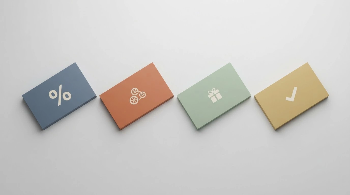 Four stylised cards showing different bonus types — deposit match, free spins, no-deposit and no-wagering — each with its key restriction listed beneath