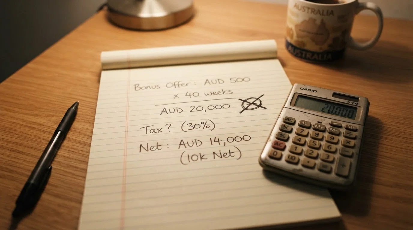 A notepad beside a calculator showing the arithmetic: AUD 500 × 40 = AUD 20,000 in required turnover, with a crossed-out withdrawal symbol beside it