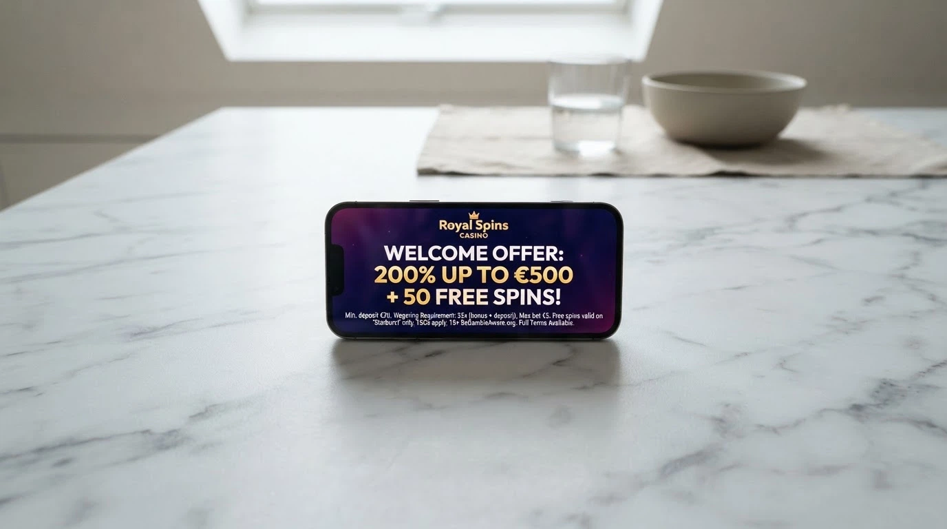 iPhone screen showing a casino welcome-bonus offer with the wagering-requirement terms in fine print beneath the headline amount