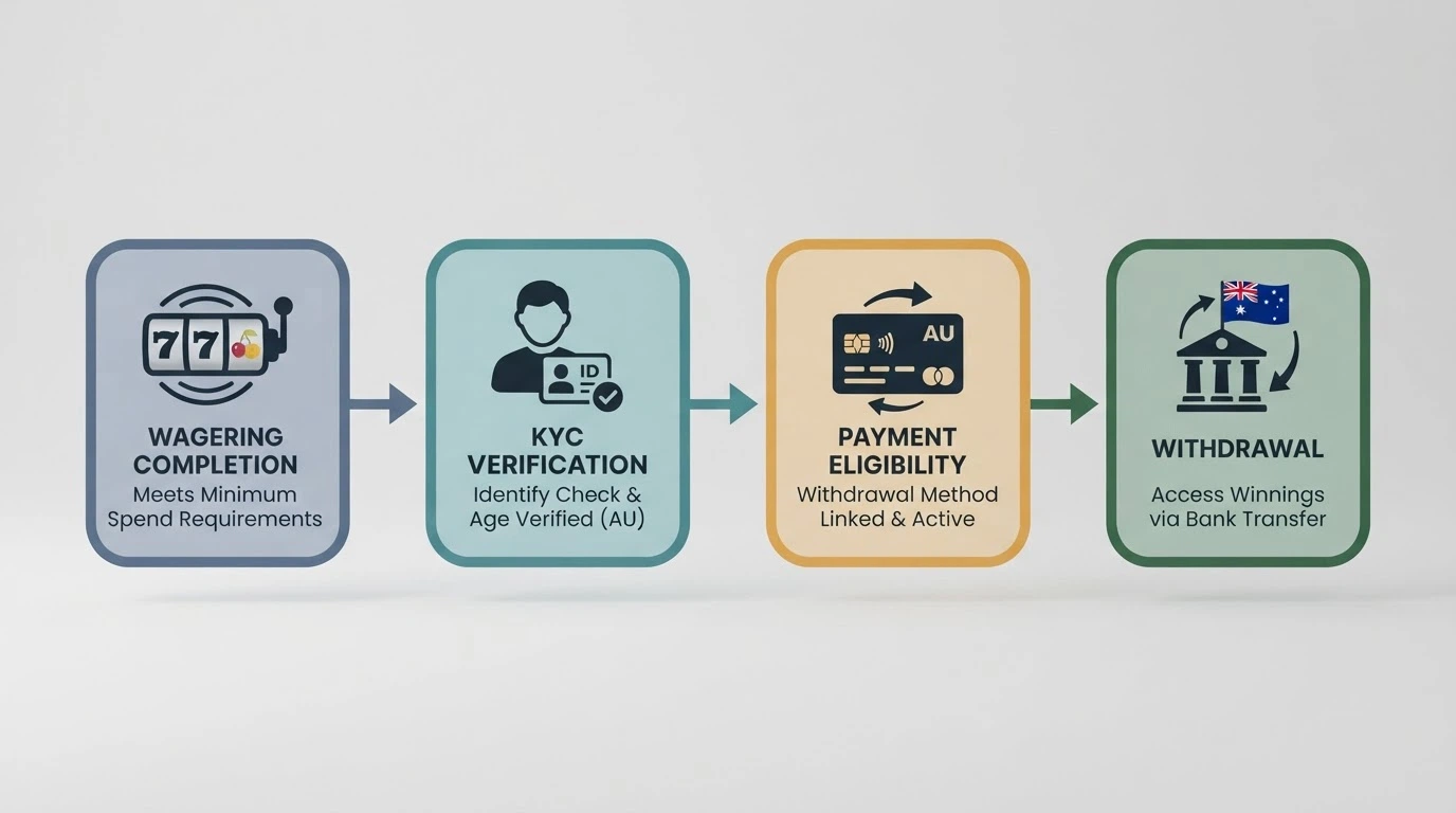 A simplified flowchart showing the steps from free-spin win through wagering completion and KYC verification to a bank withdrawal