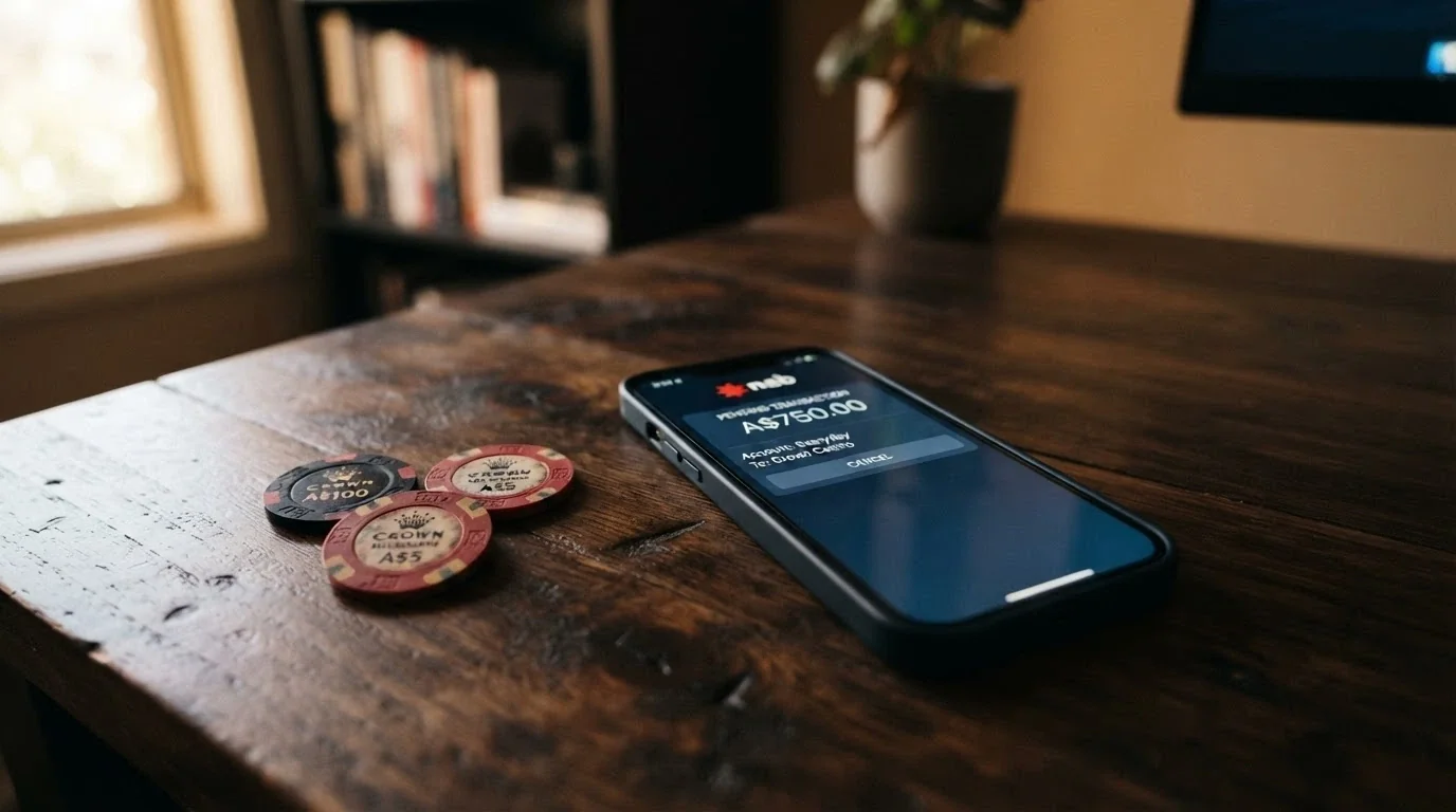 A smartphone showing a banking app with a pending transaction notification beside casino chips